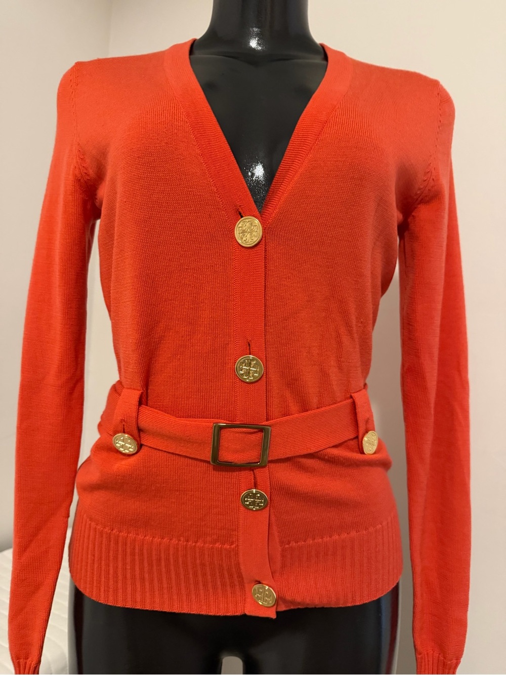 Tory Burch Bright Coral V-Neck Button Cardigan with Belt